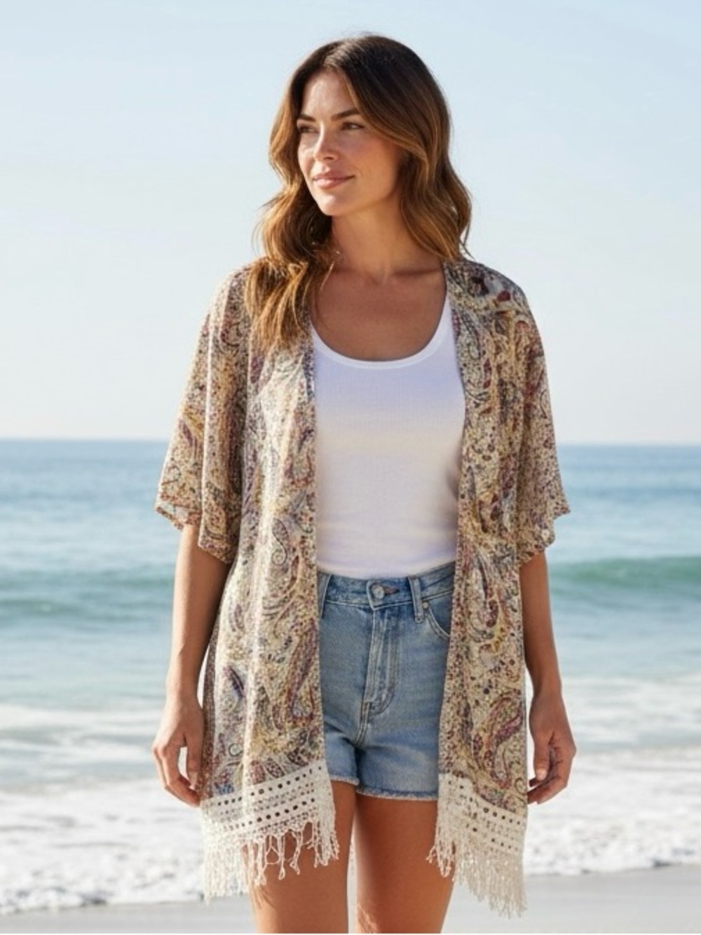 bobeau Paisley Fringe Kimono Cover-Up in Cream and Brown